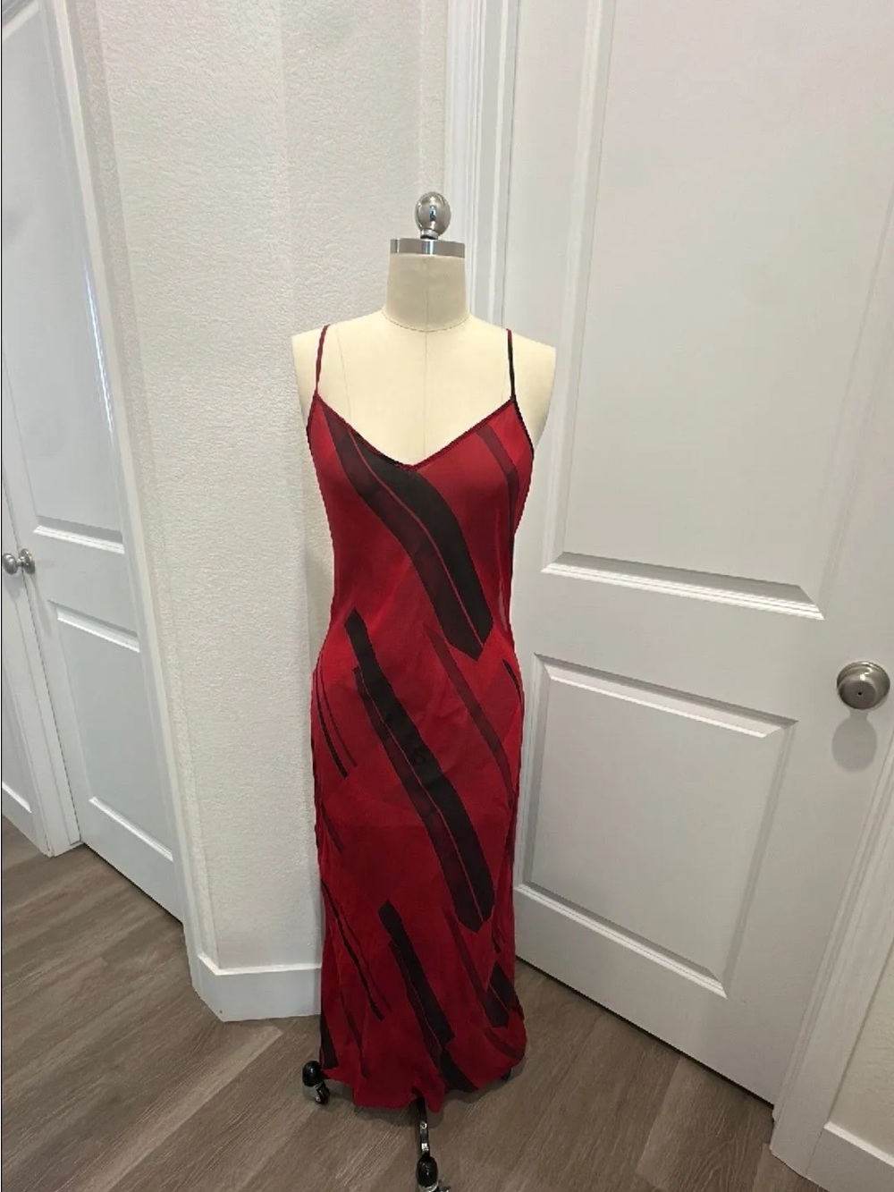 Red Satin Slip Dress with Abstract Black Stripe Detail Victoria secret silk dres